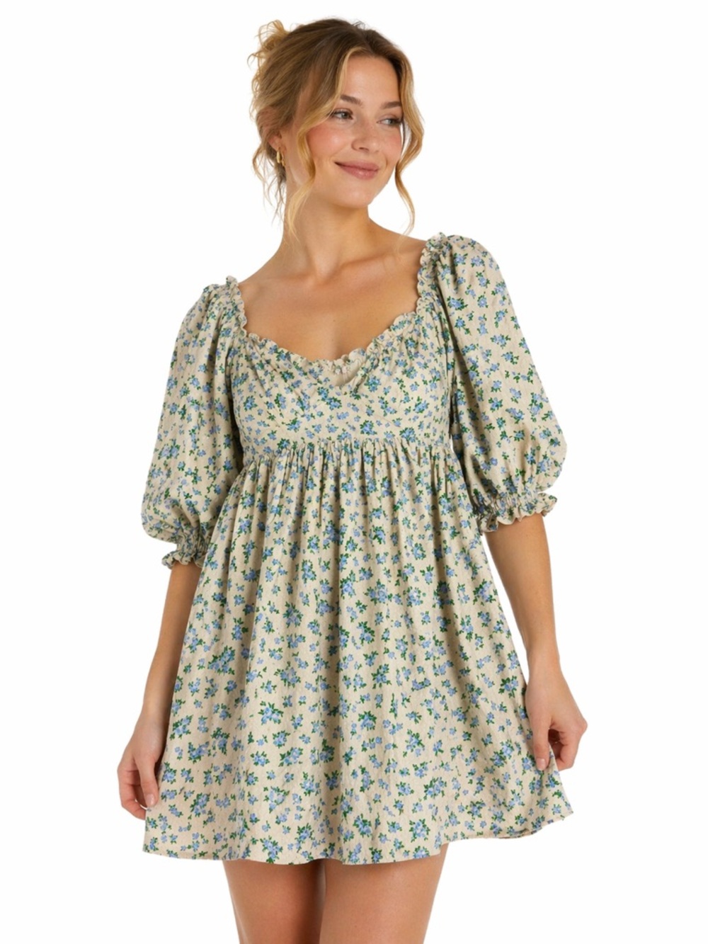 Oliviaceous Babydoll Linen Dress Small Tan Green Blue Floral Dress